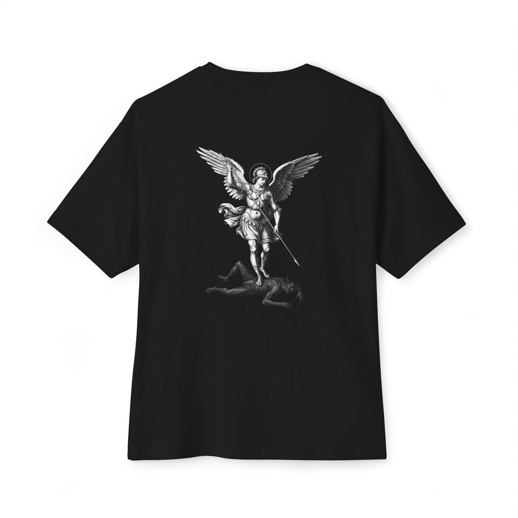 Boxy Tee — Revelations XII:VII Front with Raphael Inspired Illustration Back