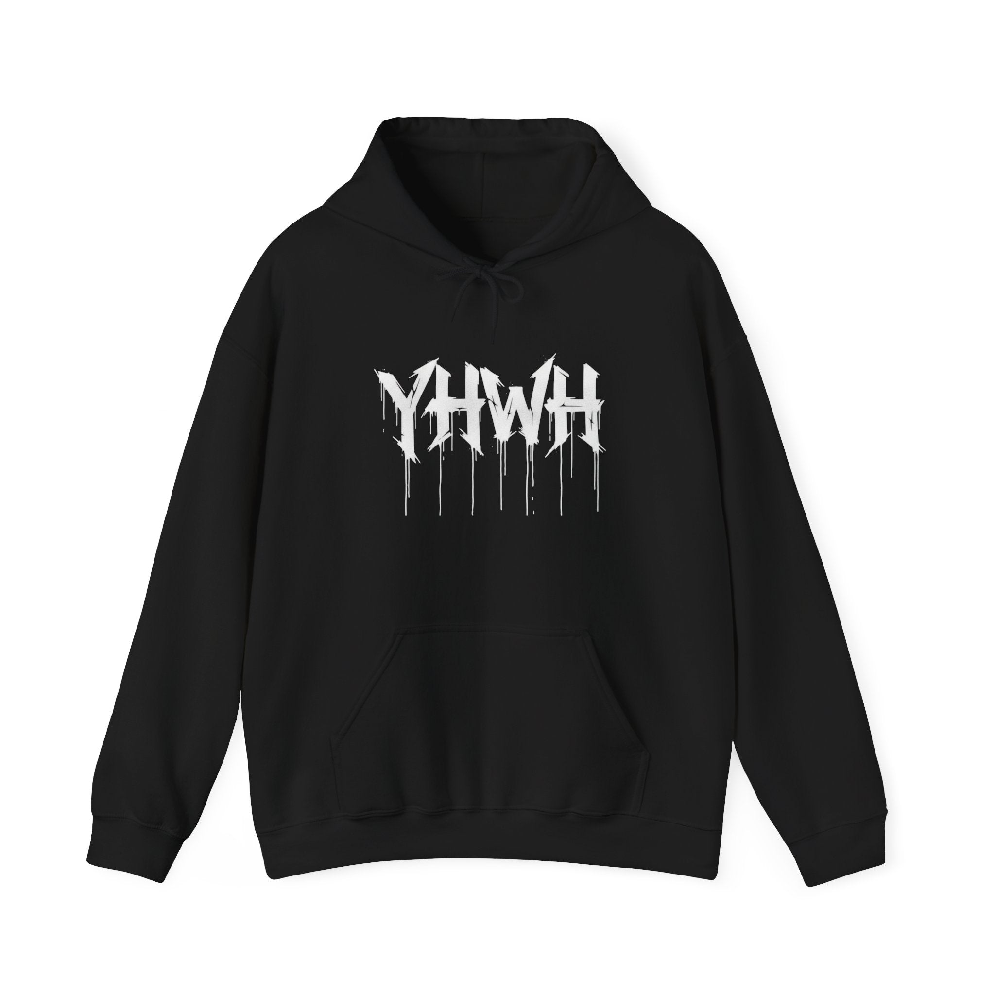 YHWH Drip Graphic Hoodie — Spiritual Gothic Pullover with All-Seeing Eye Back Design