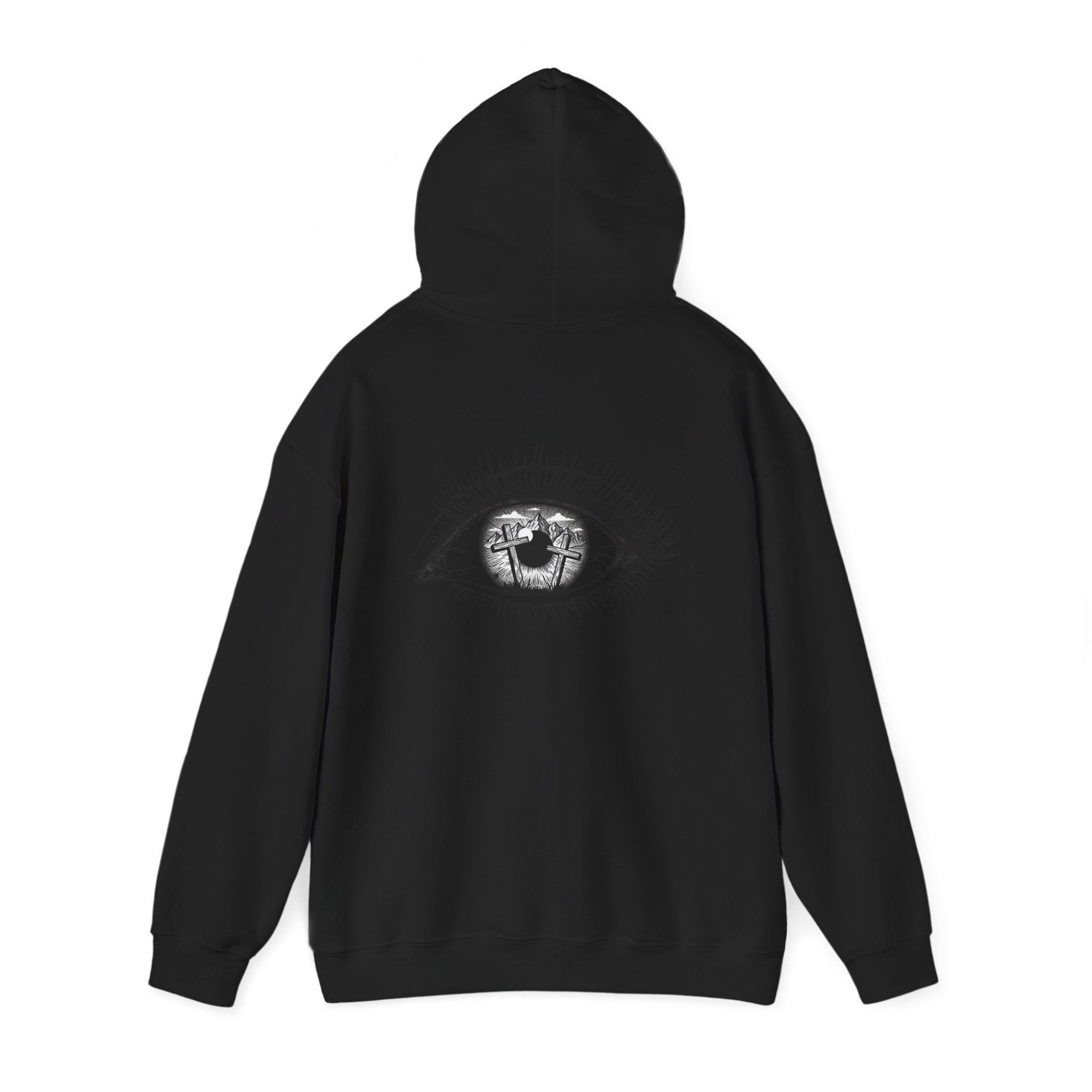 YHWH Drip Graphic Hoodie — Spiritual Gothic Pullover with All-Seeing Eye Back Design