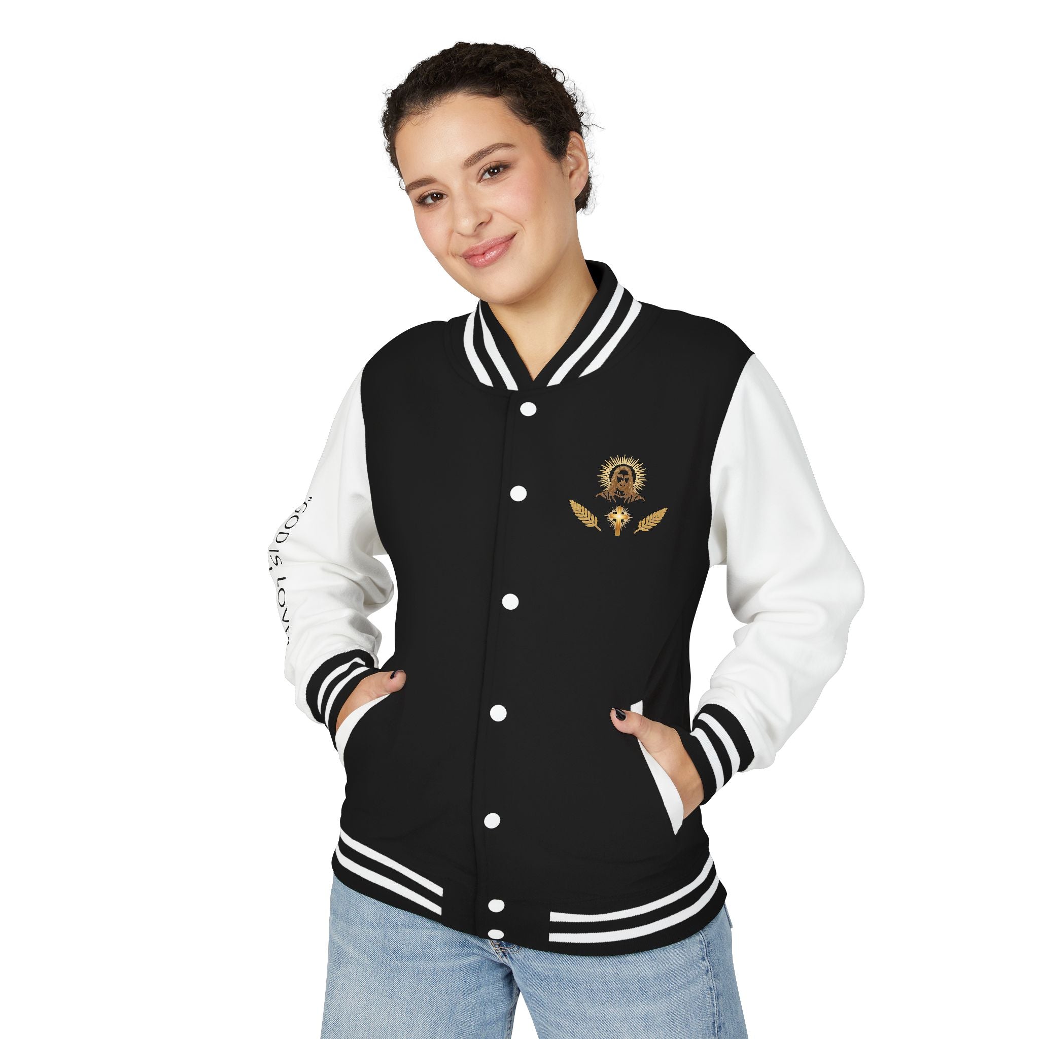Black & White Letterman Jacket with Gold Sunflower Crest
