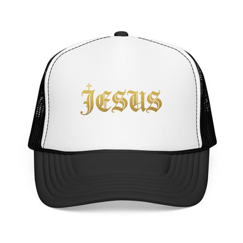 'Jesus' Gothic Font Trucker Hat — Gold Gothic Foam Cap