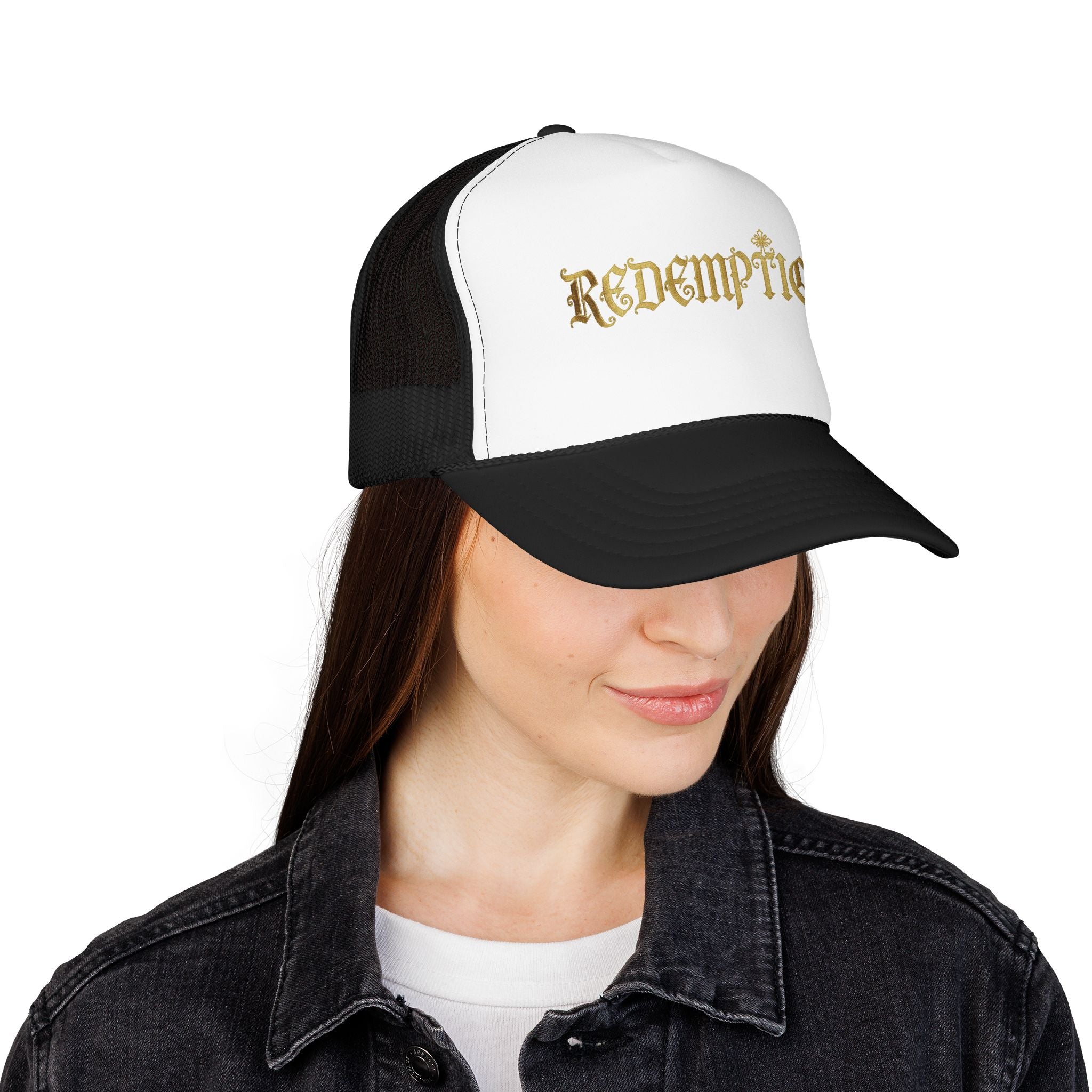 'Redemption' Trucker Hat — Gold Gothic Foam Mesh Cap
