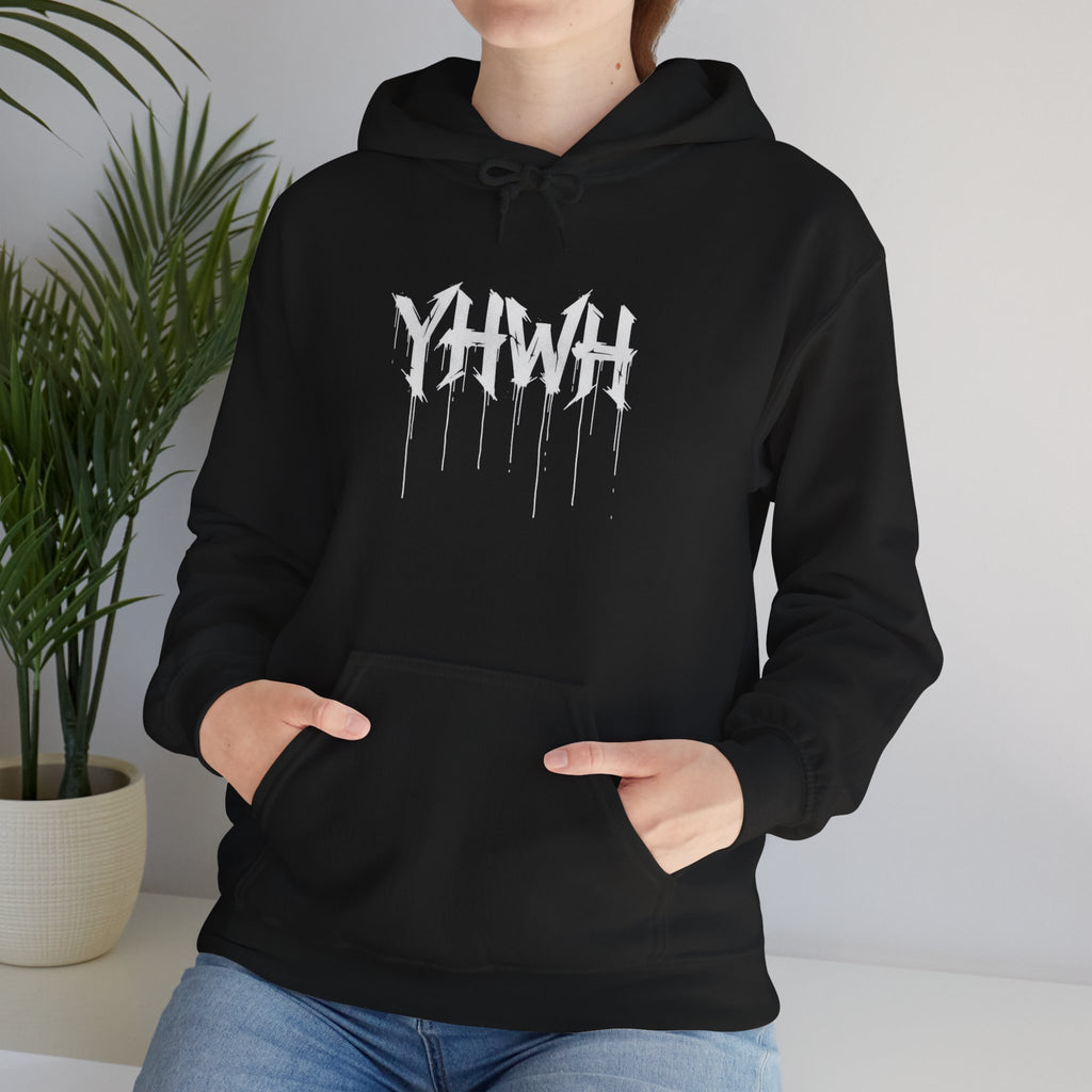 YHWH Drip Graphic Hoodie — Distressed Religious Cross Pullover
