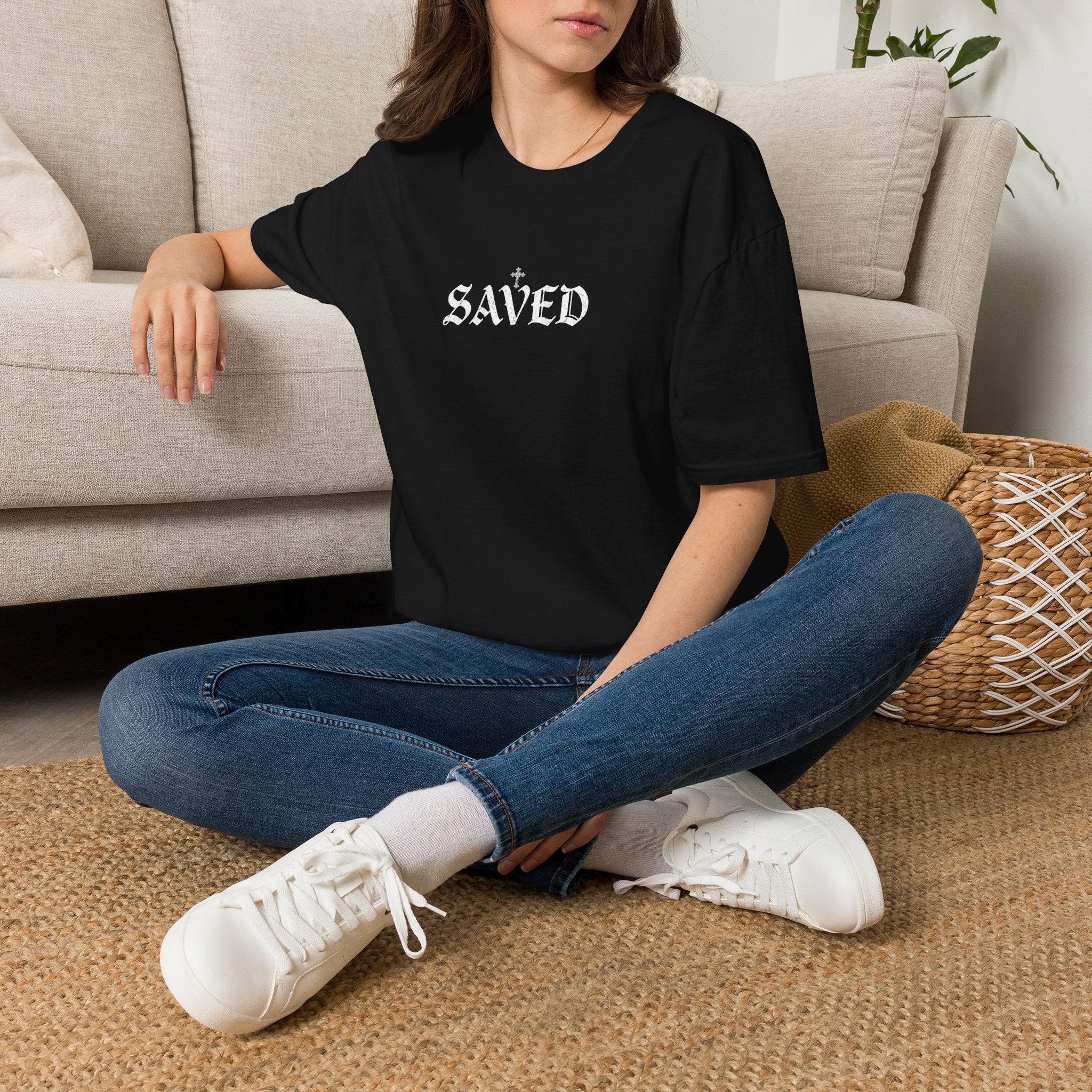 'Saved' Gothic Christian T-Shirt — Faith Shirt with Cross Gothic Text