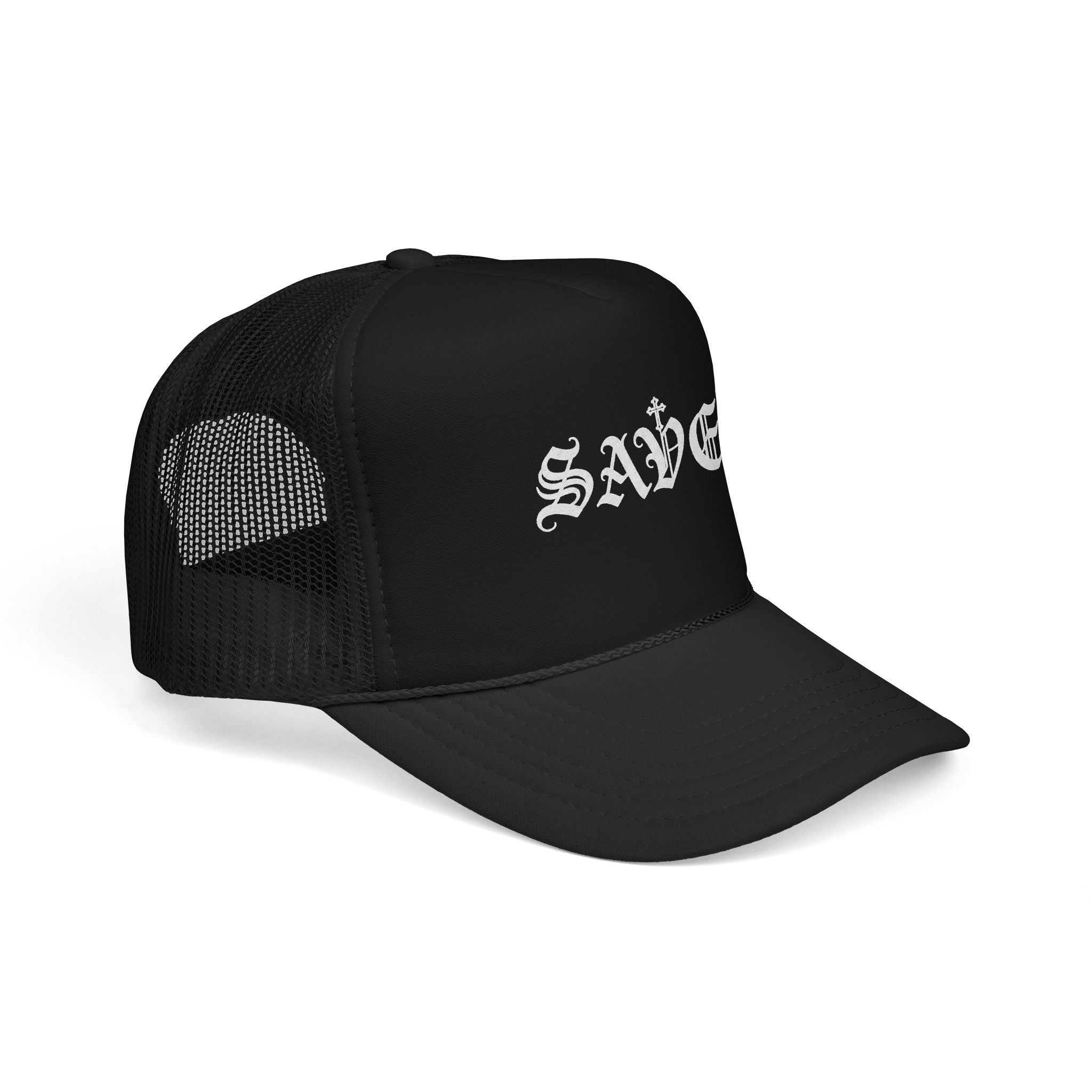 'Saved' Gothic Trucker Hat — Gothic Script Foam Mesh Cap
