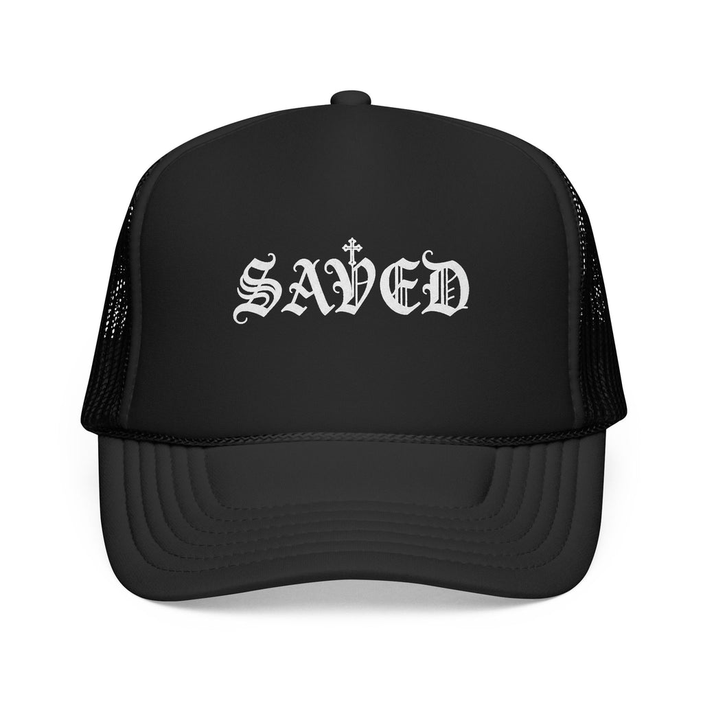 'Saved' Gothic Trucker Hat — Gothic Script Foam Mesh Cap
