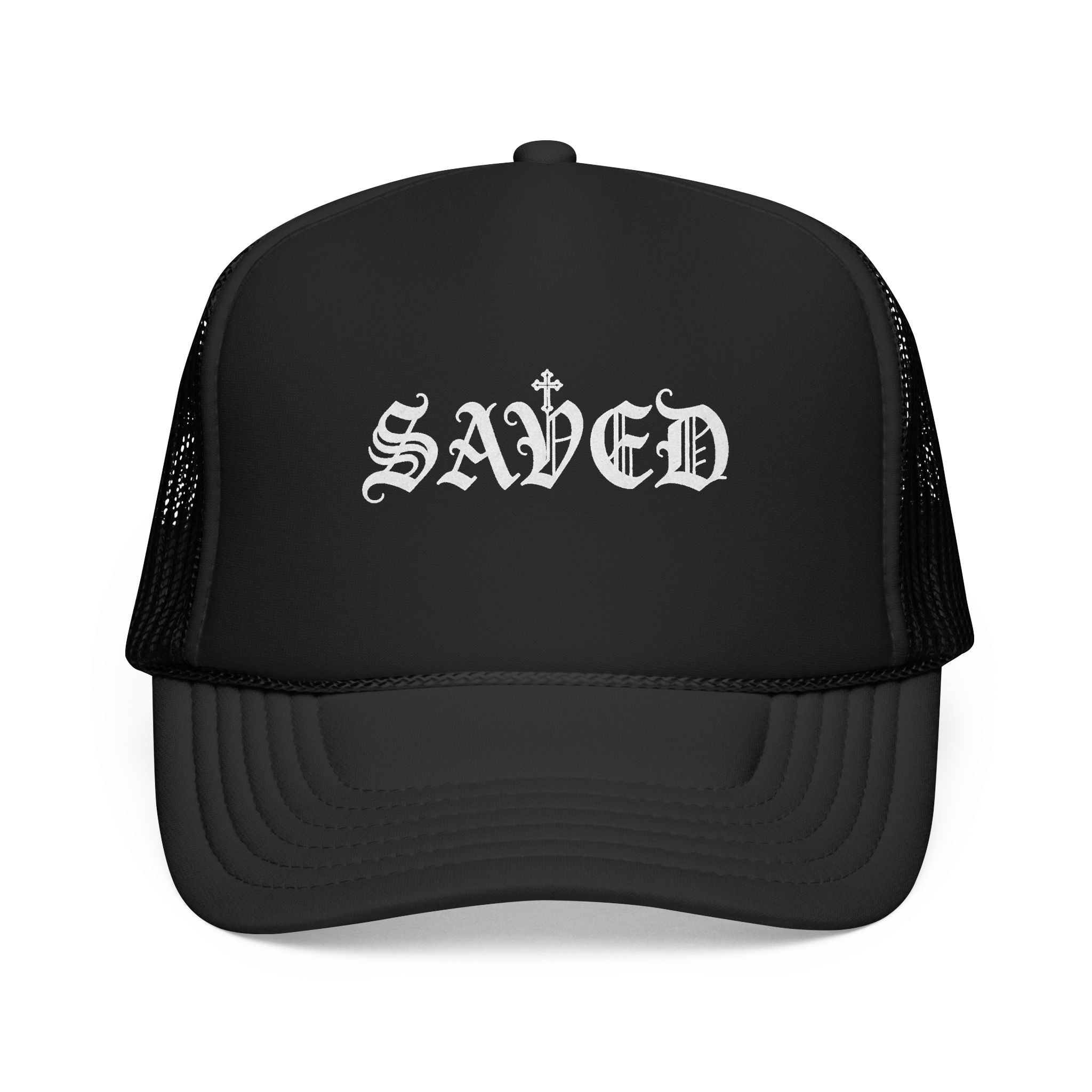 'Saved' Gothic Trucker Hat — Gothic Script Foam Mesh Cap