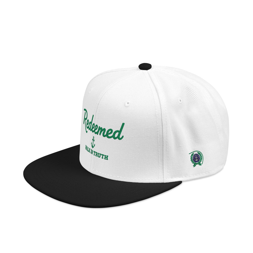 Embroidered 'Redeemed Walk in Truth' Snapback Hat With Side Design – White & Black Adjustable Cap