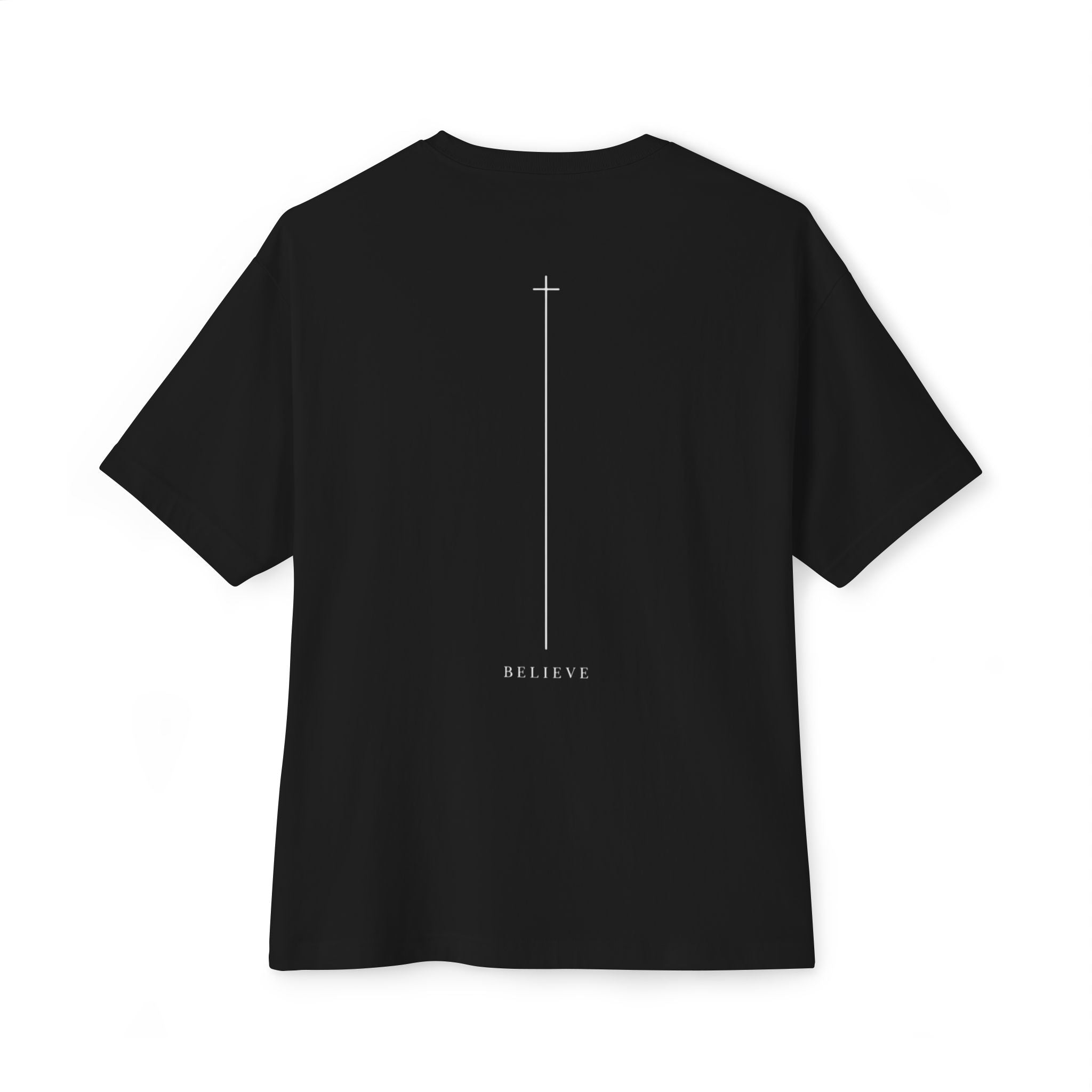 Boxy Tee Minimal Chain Cross Graphic | 'Believe' Graphic