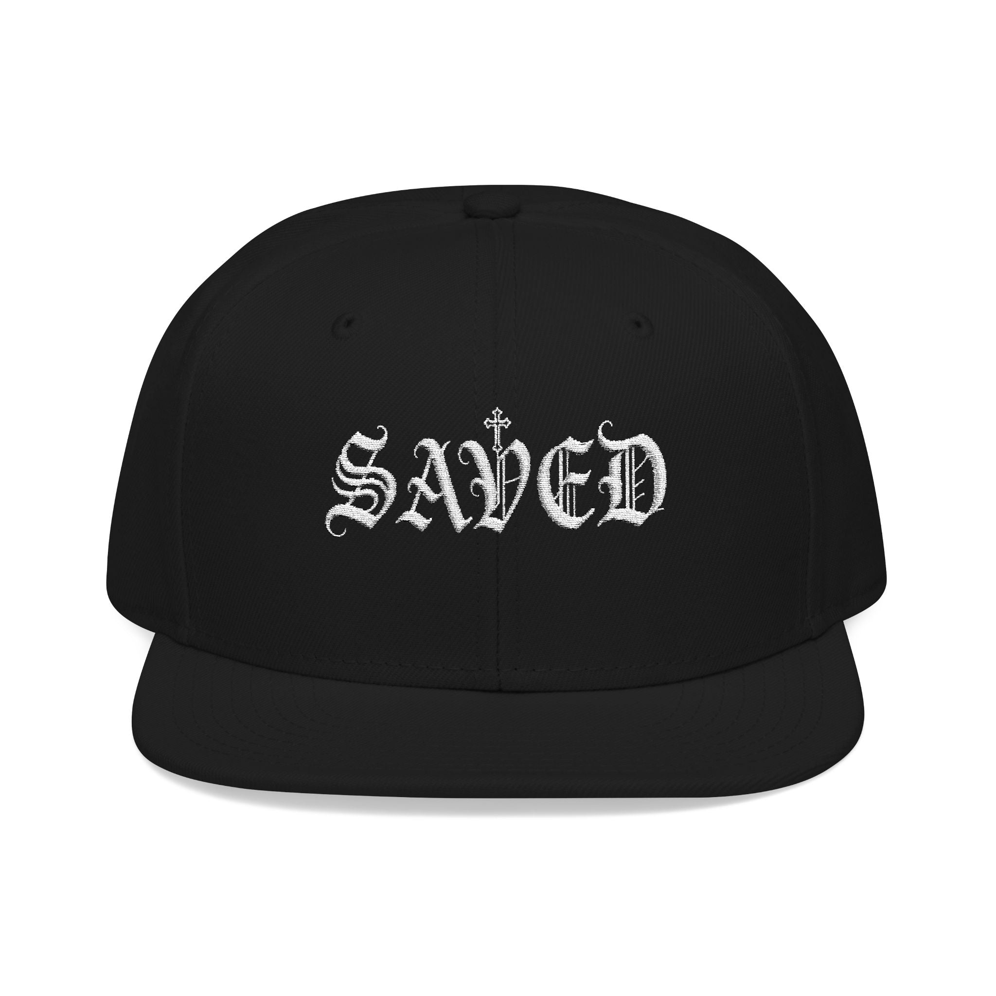 Embroidered 'Saved' Gothic Snapback Hat — Adjustable Black & Charcoal Cap