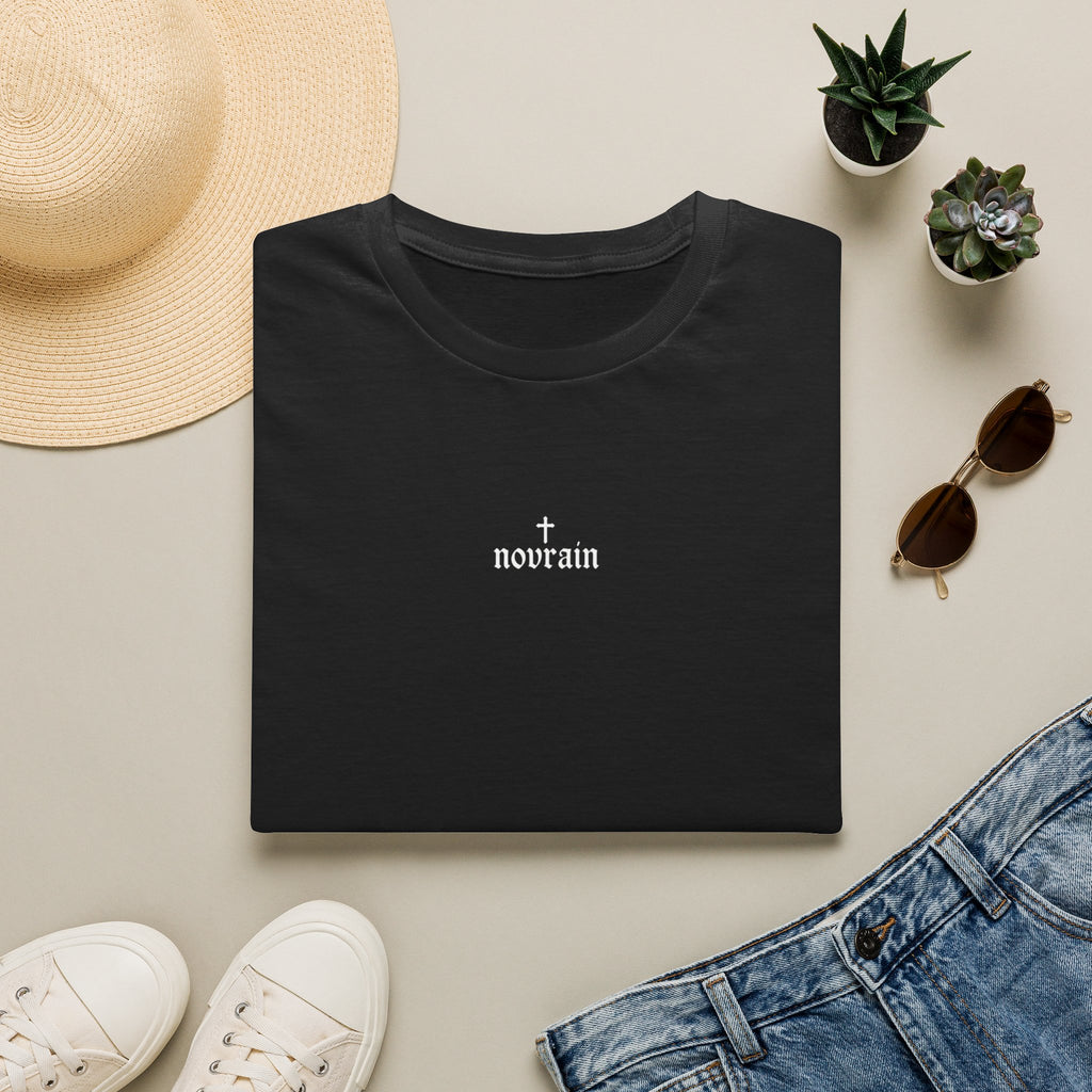 Minimal 'Novrain' Cross Chest Tee + 'Redeemed' Angel Art Back Casual Christian Graphic T-Shirt