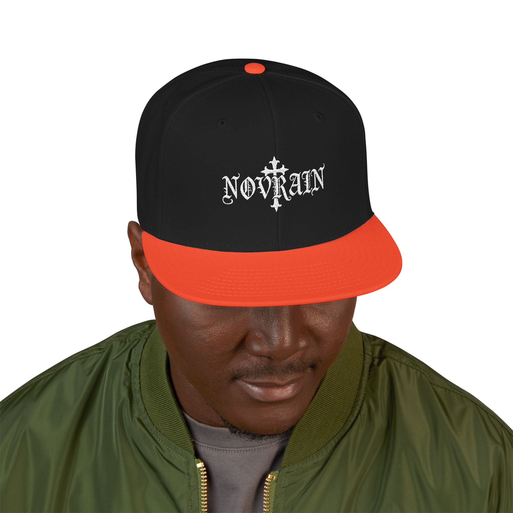 Embroidered 'Novrain' Gothic Cross Design Snapback Hat — Dark Streetwear Cap