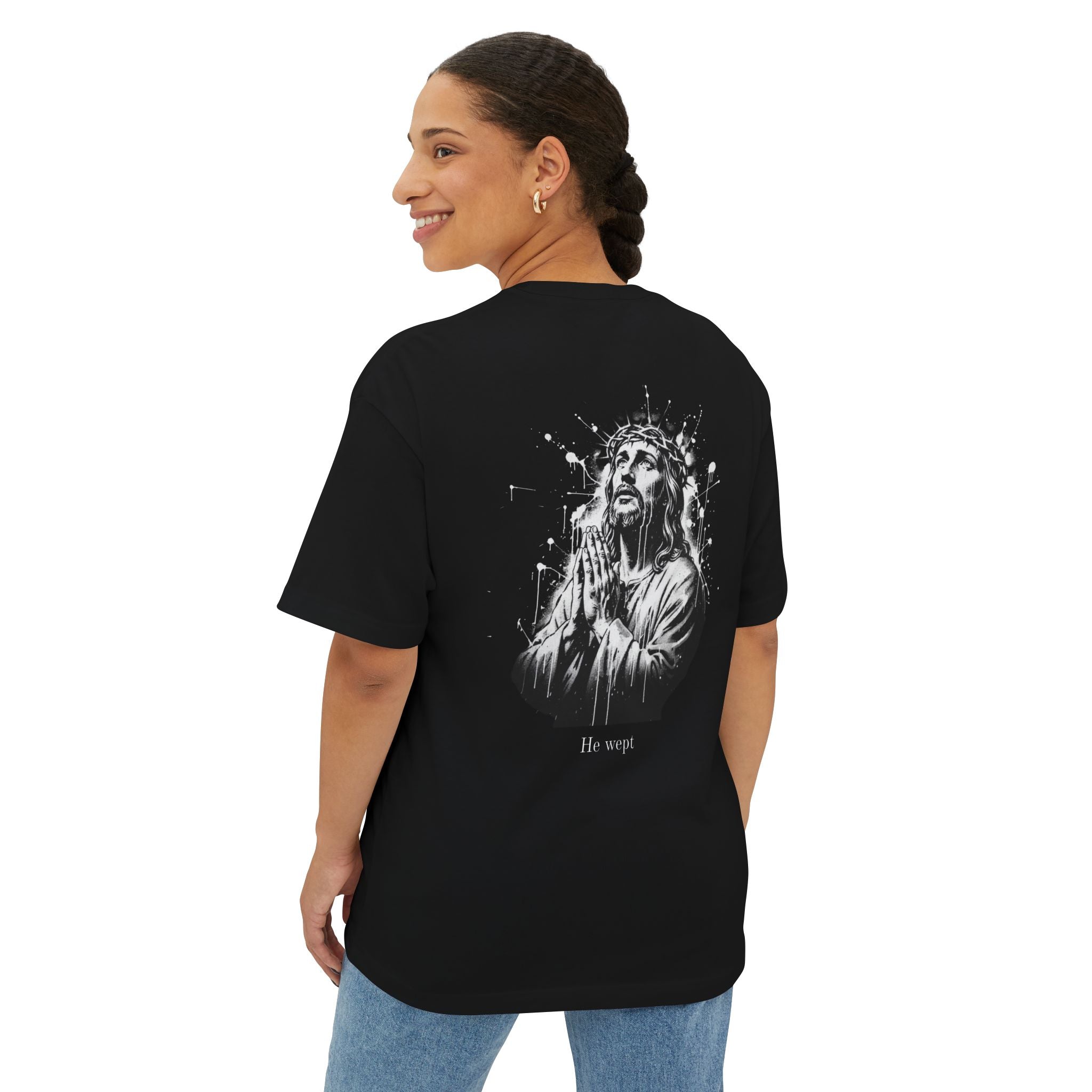 He Wept T-Shirt — Minimal Japanese Front Text & Praying Jesus Back Graphic
