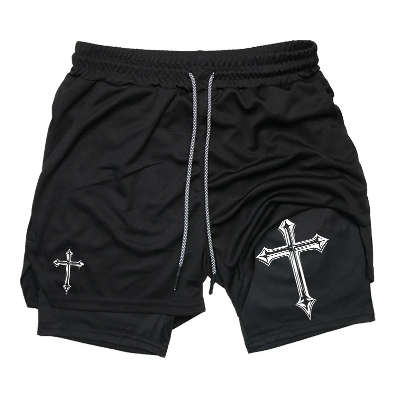 Cross Print 2 in 1 Workout Running Shorts