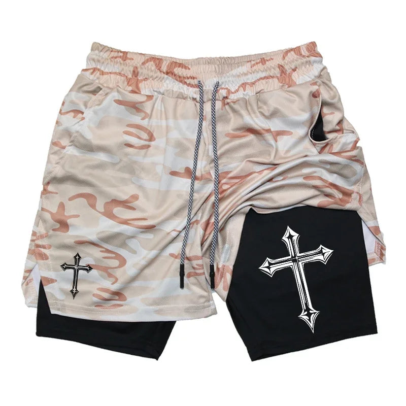 Cross Print 2 in 1 Workout Running Shorts
