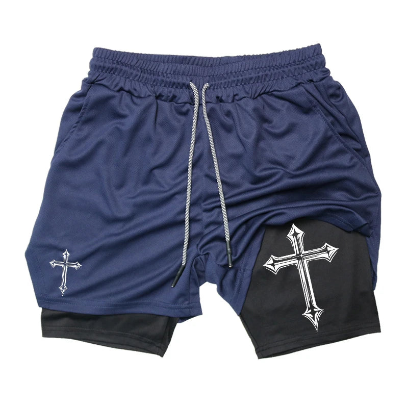 Cross Print 2 in 1 Workout Running Shorts