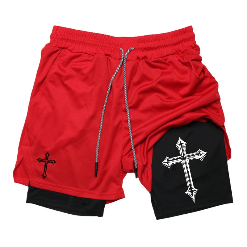 Cross Print 2 in 1 Workout Running Shorts