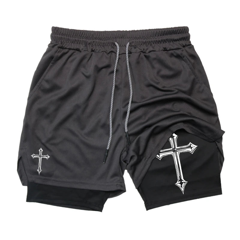 Cross Print 2 in 1 Workout Running Shorts