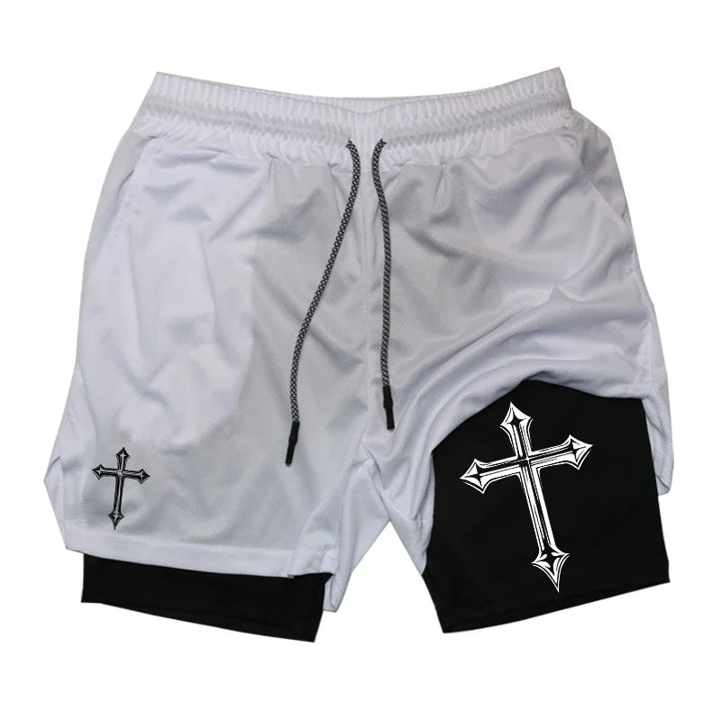 Cross Print 2 in 1 Workout Running Shorts