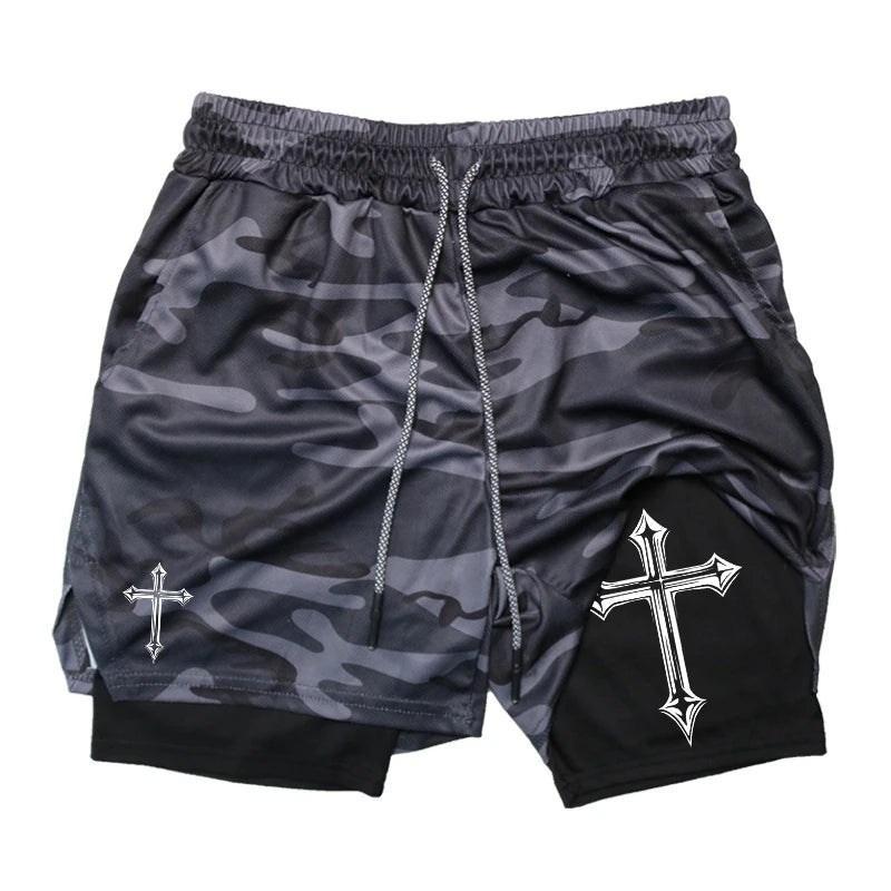 Cross Print 2 in 1 Workout Running Shorts