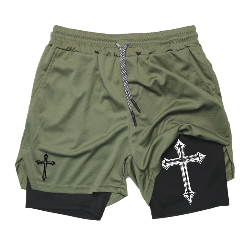 Cross Print 2 in 1 Workout Running Shorts